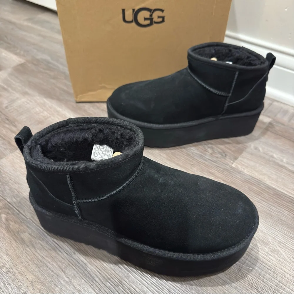 UGG Classic Ultra Mini Platform Black Suede Boots
